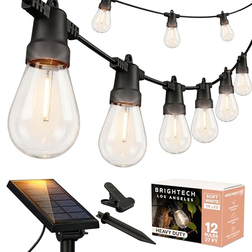 Brightech Ambience Pro Solar Powered Outdoor String Lights -27 ft Commercial Grade Waterproof Edison Patio Lights, Shatt