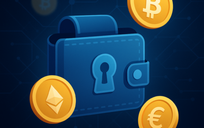 Illustration of a digital crypto wallet with floating coins and a futuristic dark background