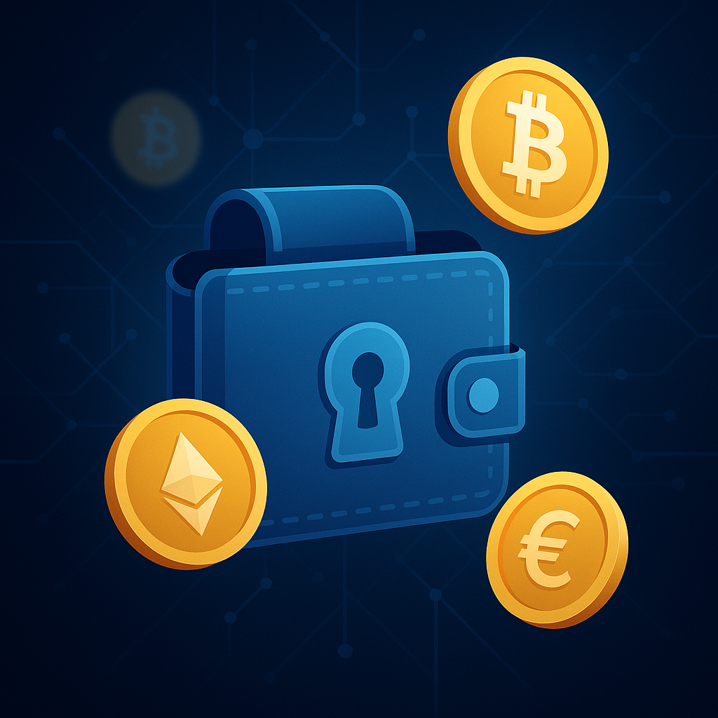 Illustration of a digital crypto wallet with floating coins and a futuristic dark background
